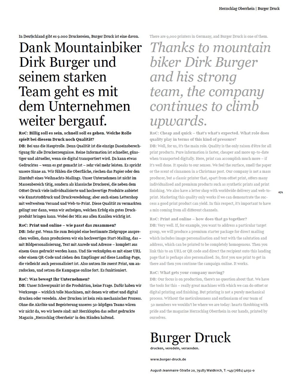 Interview Dirk Burger, Magazin Herzschlag Oberrhein, Seite 71, "Text plus Konzept"